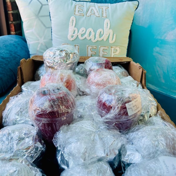 Aruba Island Bowls Cafe acai bowls, individually wrapped in plastic, in a cardboard box.