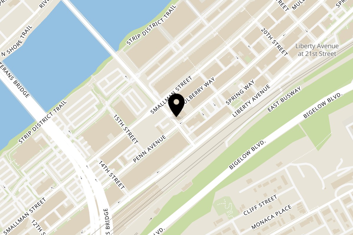 Map showing the location of Aruba Island Bowls Cafe on 1601 Penn Ave in Pittsburgh
